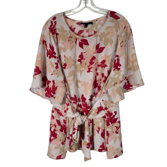 Lane Bryant Pink Floral Tie Waist Front Short Sleeve Plus Size Blouse 26W 26 - Picture 1 of 5